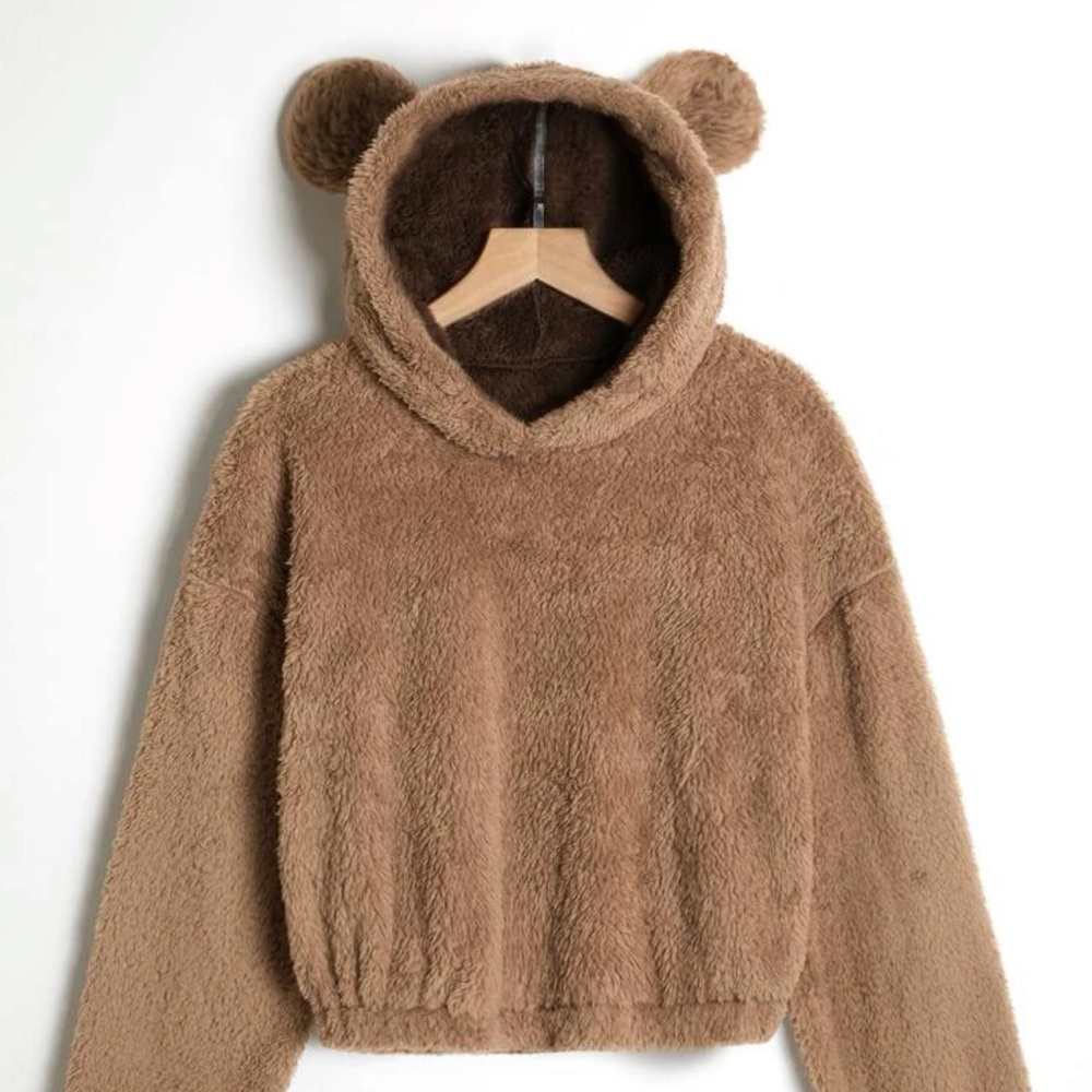 Teddy bear ear design drop shoulder hoodie